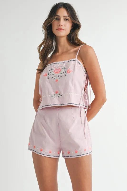 MABLE Embroidered Crop Top and Shorts Set