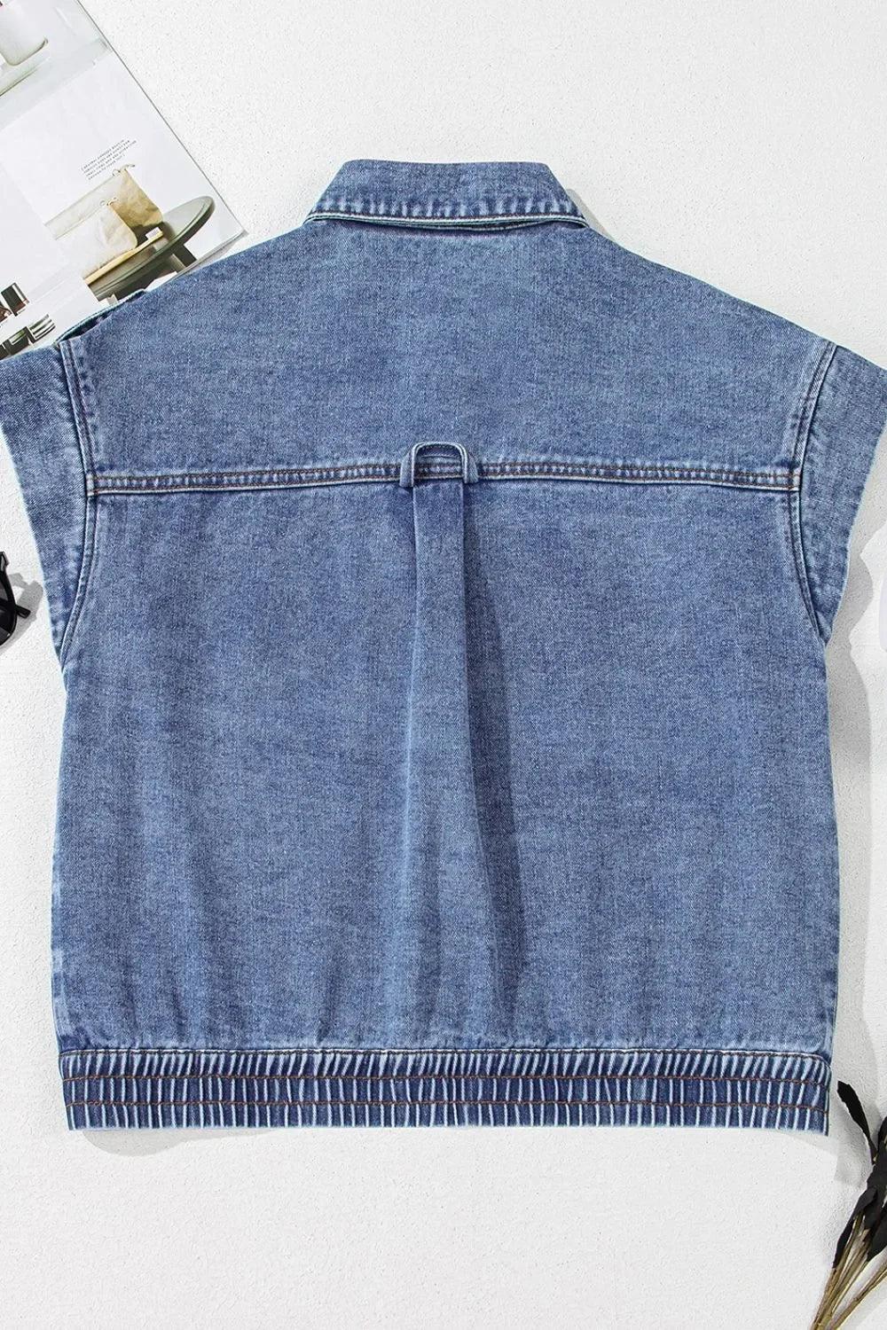 Button Up Cap Sleeve Denim Jacket - DAVERRI FASHIONS
