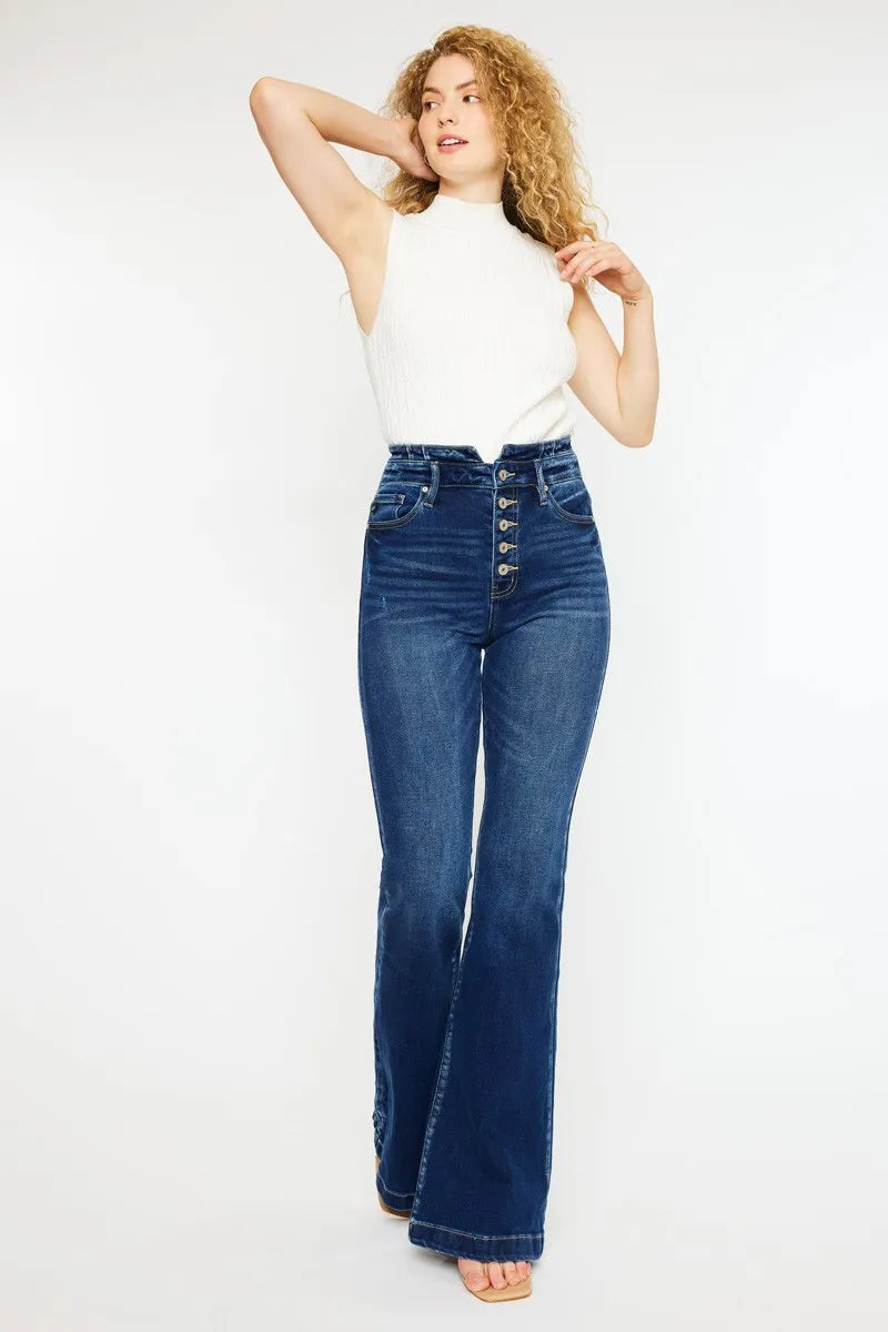 Kancan Button Fly High Rise Flare Jeans DARK Jeans