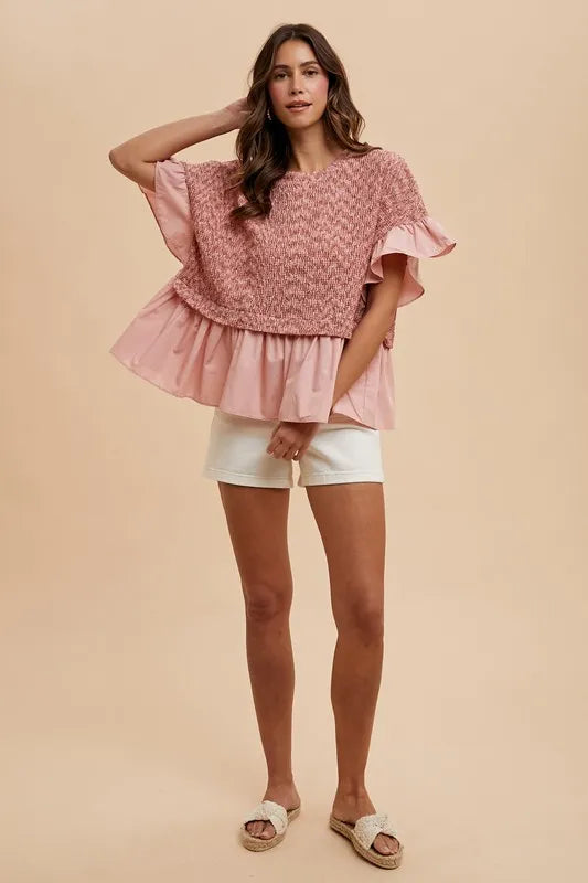 Annie Wear Mix Media Ruffle Textured Knit Top ROSE