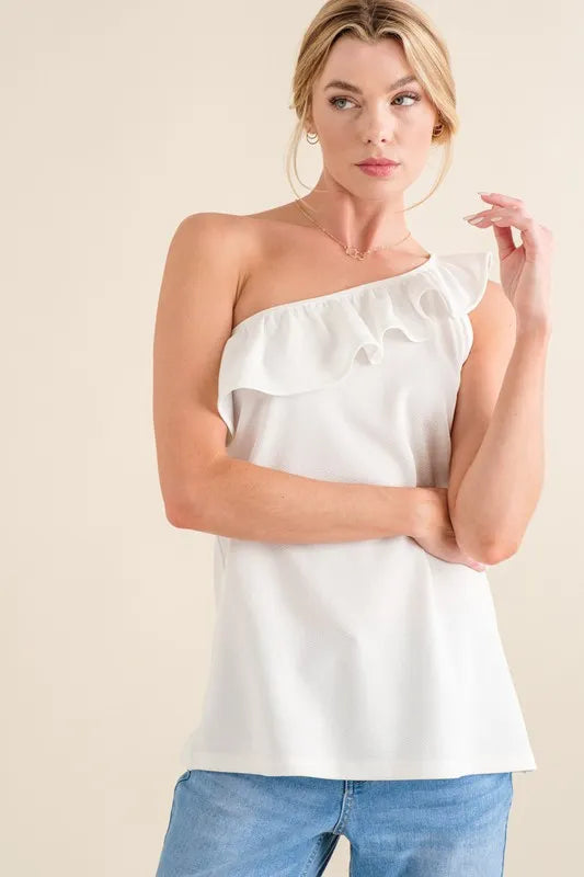 And The Why Ruffle One Shoulder Sleeveless Tank Top WHITE