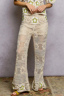 Cream-colored POL openwork crochet flare pants with green star pattern