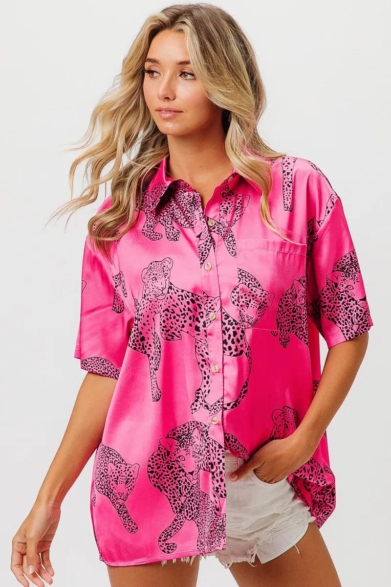 BiBi Leopard Print Short Sleeve Silky Satin Shirt Top FUCHSIA Shirts