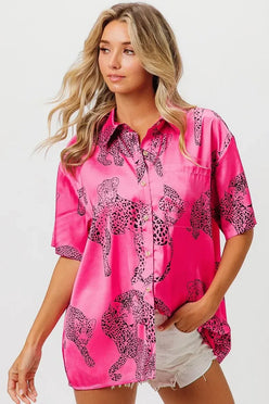 BiBi Leopard Print Short Sleeve Silky Satin Shirt Top - DAVERRI FASHIONS