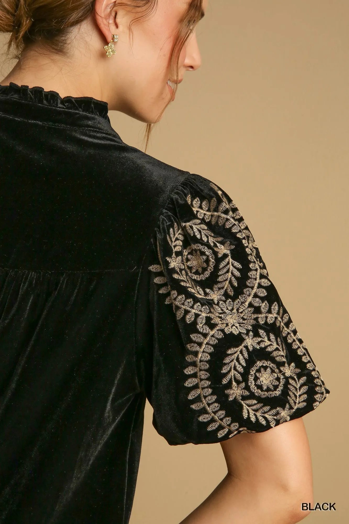 Umgee Full Size Velvet Embroidered Sleeve Blouse Blouses