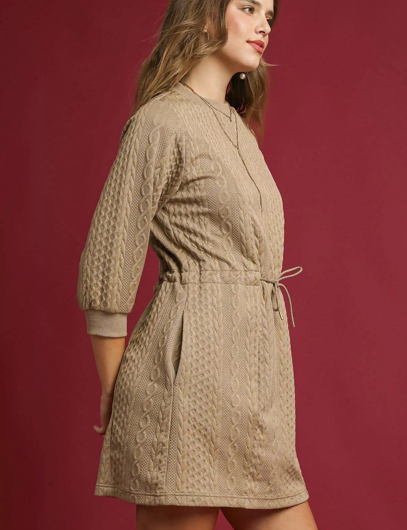 Umgee Drawstring Cable Knit Mini Dress with Pockets | Daverri Fashions