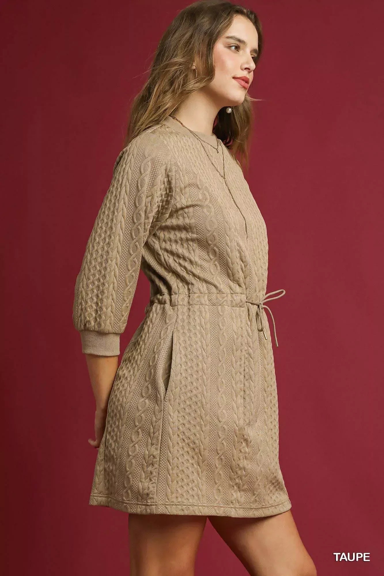Umgee Drawstring Cable Knit Mini Dress with Pockets - DAVERRI FASHIONS