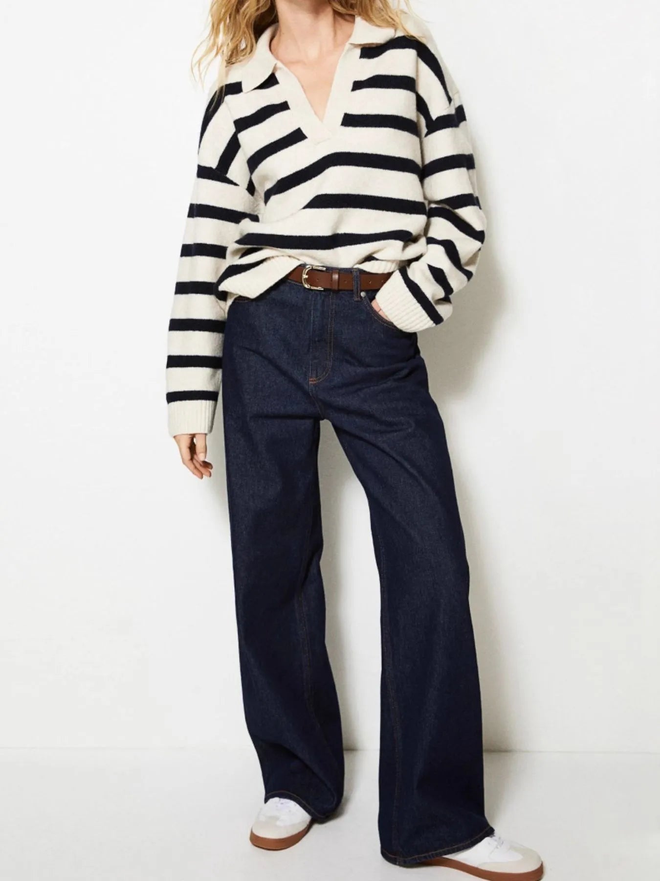 Striped Johnny Collar Long Sleeve Sweater | Sweaters Daverri Fashions