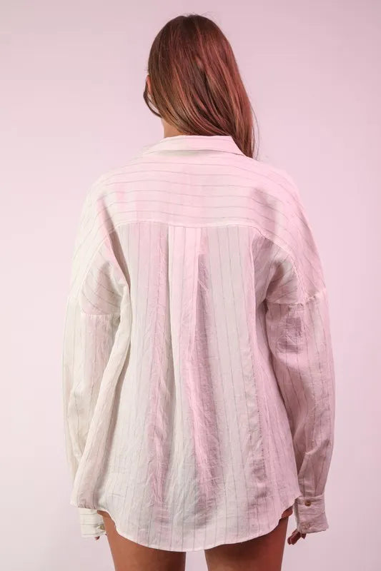 VERY J Oversized Striped Button Down Shirt Top | Shirts Daverri Fashions