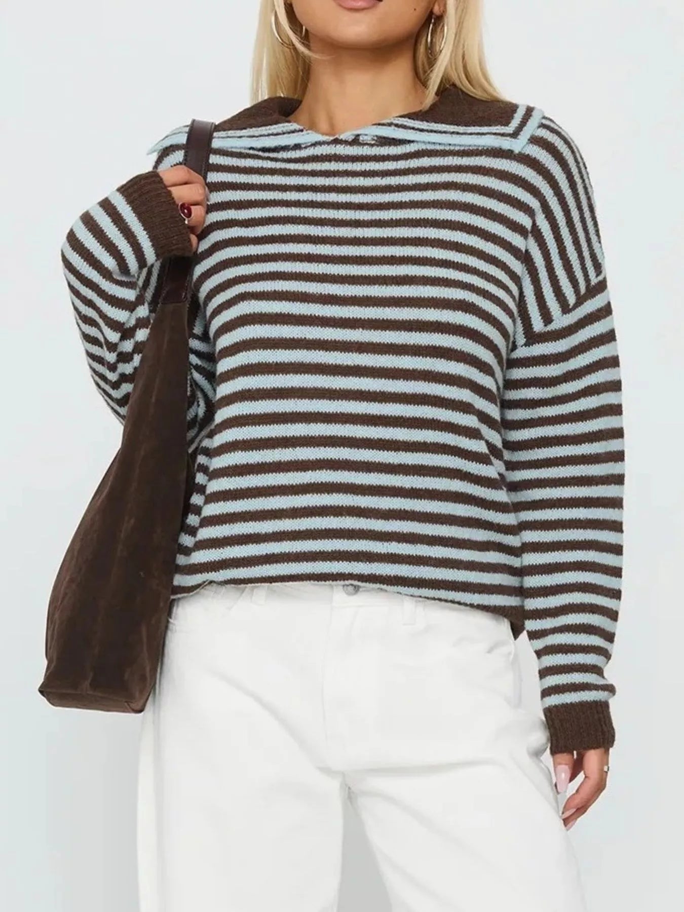 Cozy womens dark brown and light blue-gray striped knit sweater