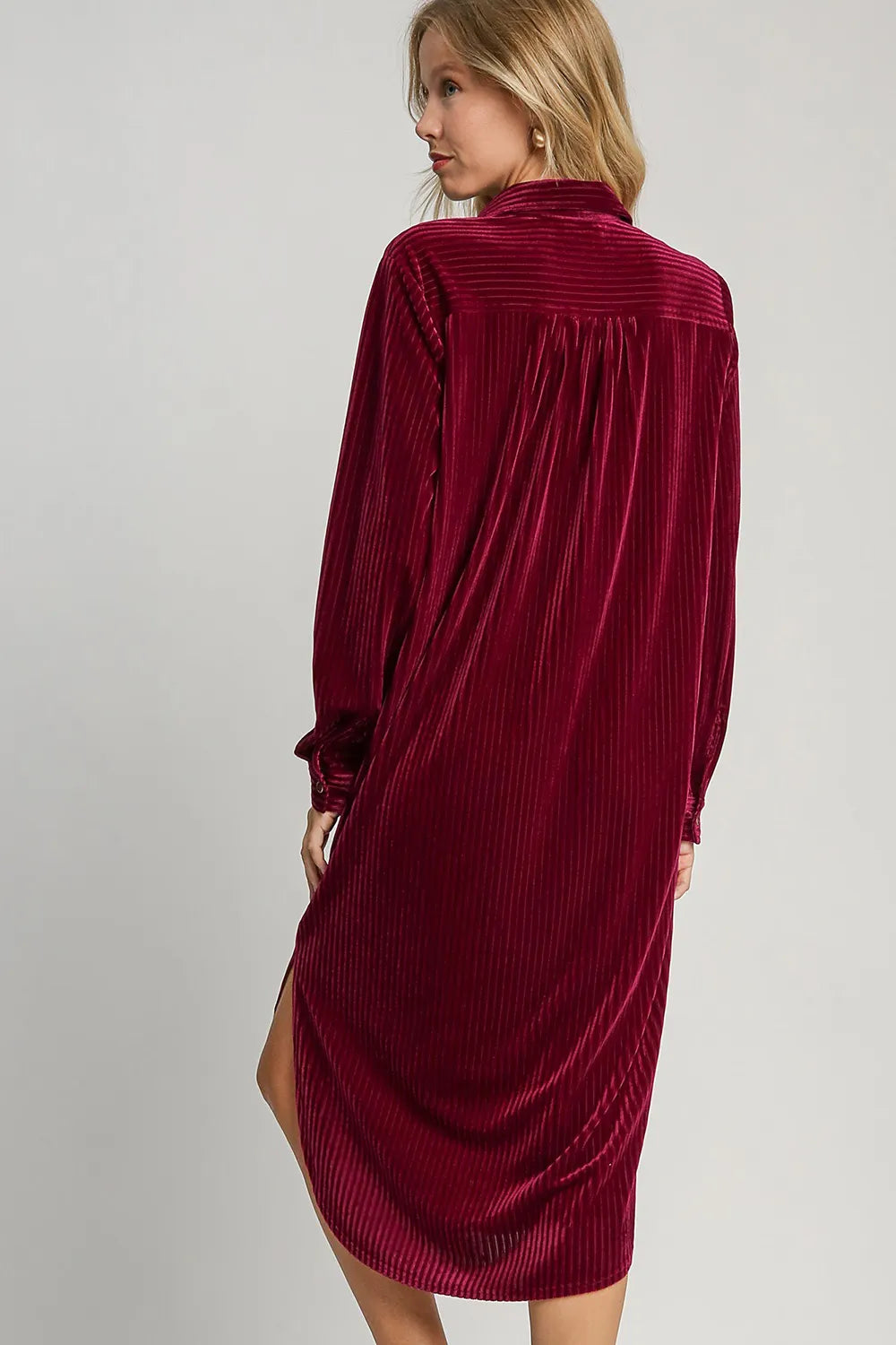 Umgee Texture Curved Hem Button Down Shirt Dress Midi Dresses