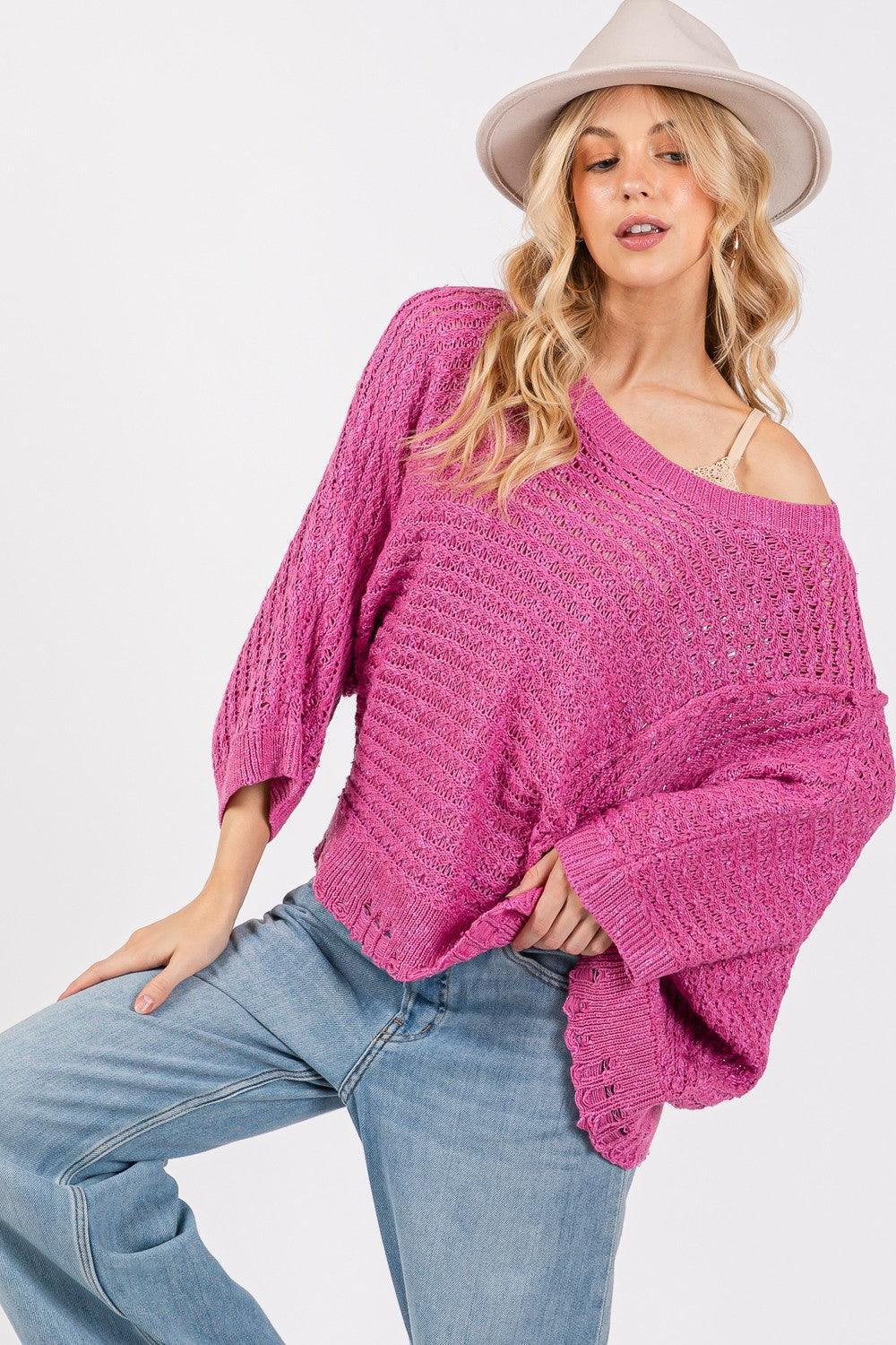 SAGE + FIG Magenta Distressed Asymmetrical Open Stitch Sweater - DAVERRI FASHIONS
