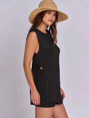 Side Slit Round Neck Tank and Ribbed Shorts Sweater Set | Outfit Sets Daverri Fashions