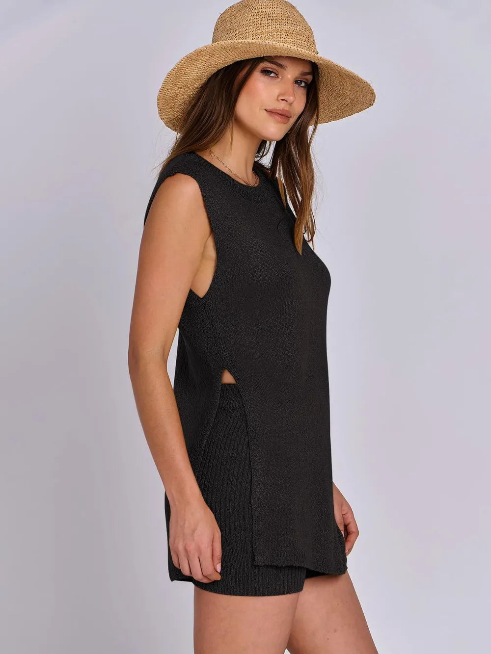 Side Slit Round Neck Tank and Ribbed Shorts Sweater Set | Outfit Sets Daverri Fashions