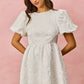 White textured SO ME floral jacquard mini dress with puff sleeves and flared skirt