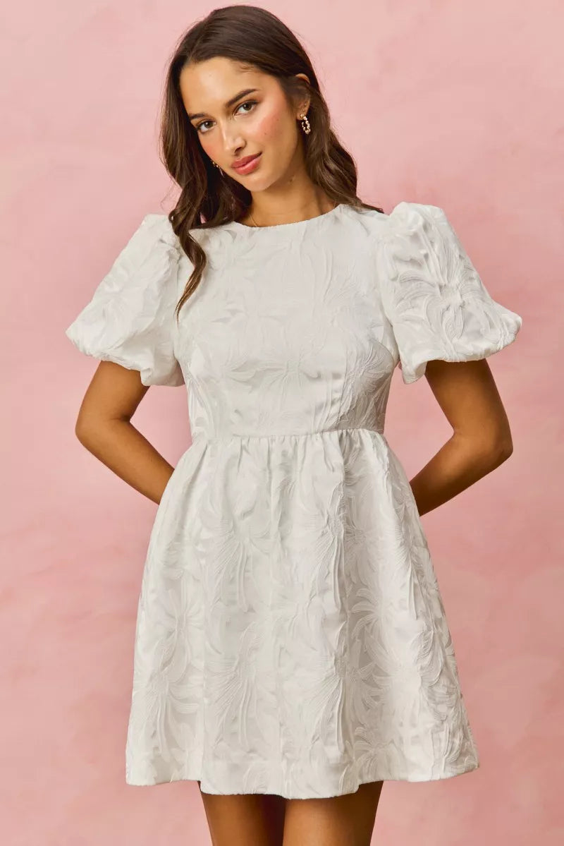 White textured SO ME floral jacquard mini dress with puff sleeves and flared skirt