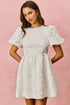 White textured SO ME floral jacquard mini dress with puff sleeves and flared skirt