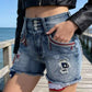 American flag distressed high-waisted denim shorts with frayed hems