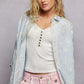 POL light blue embroidered denim jacket with floral pattern and buttons