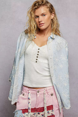 POL light blue embroidered denim jacket with floral pattern and buttons