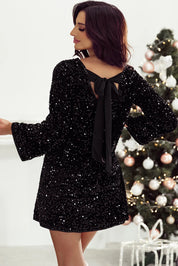 Black Sequin Round Neck Long Sleeve Mini Dress | Daverri Fashions