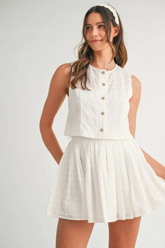 MABLE Eyelet Lace Top and Mini Skirt Set Off White L Outfit Sets
