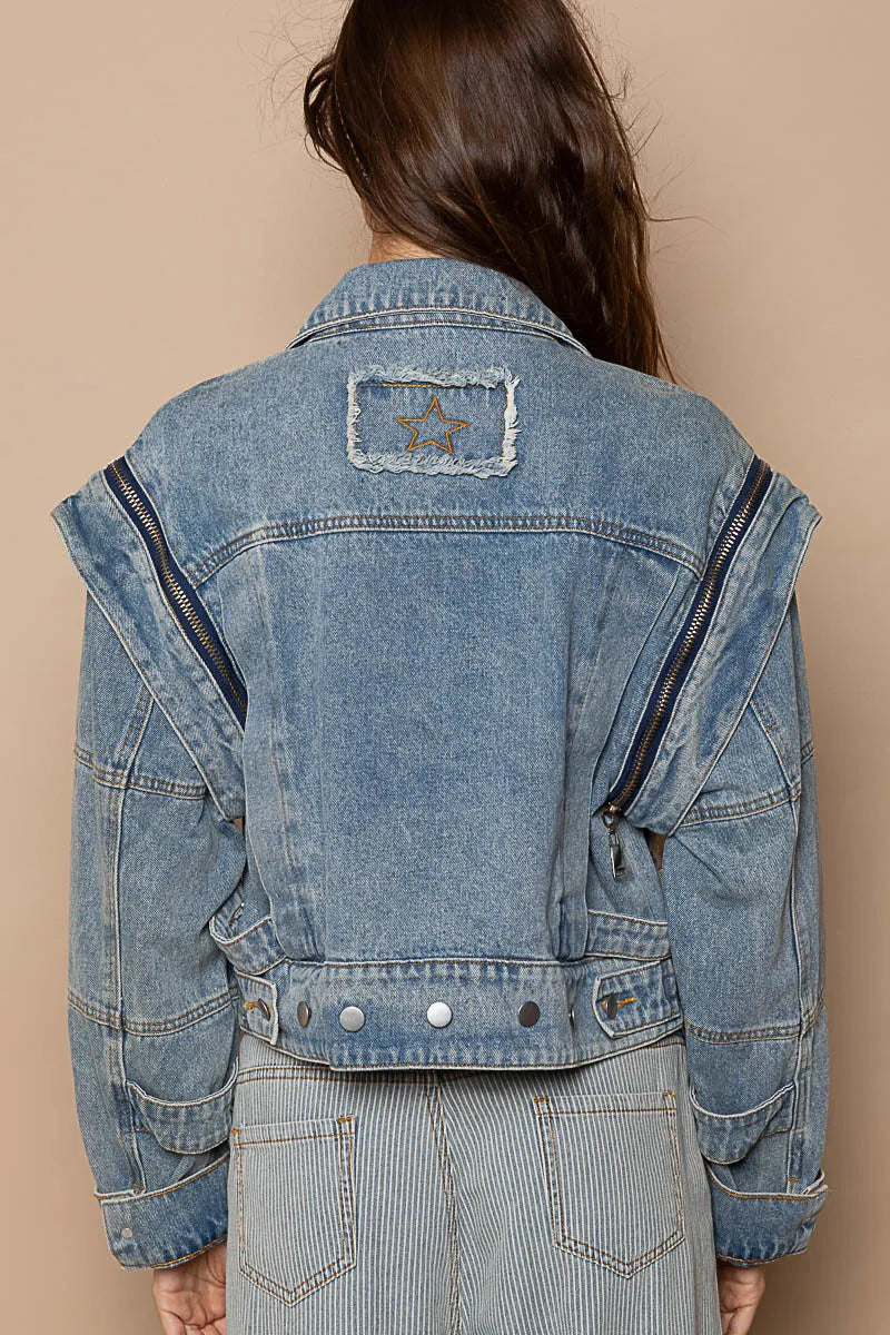 POL Cropped Denim Jacket with Functional Zipper Detail Denim Jackets