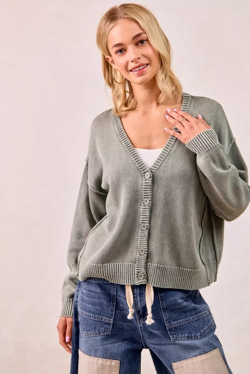 BiBi Washed Sweater V Neck Cardigan - DAVERRI FASHIONS