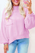 Soft pink drop shoulder sweater with raw edge ribbed details and puffed sleeves