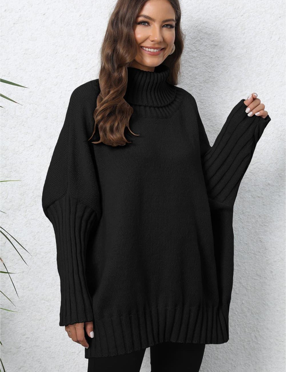 Black oversized turtleneck ribbed sweater in soft knit