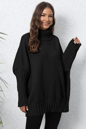Black oversized turtleneck ribbed sweater in soft knit