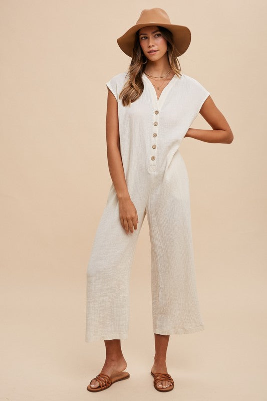 Annie Wear Button Detail Wide Leg Jumpsuit with Pockets Jumpsuits & Rompers