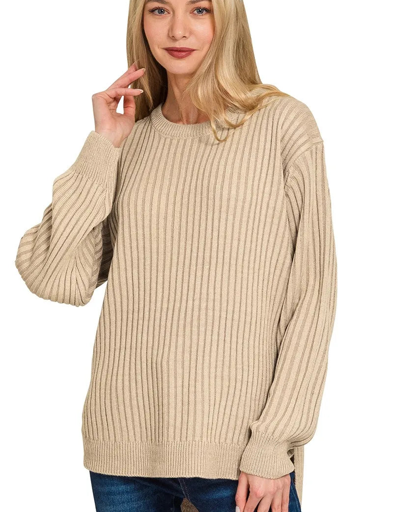 LT MOCHA Zenana Curved Hem Two-Tone Ribbed Sweater | Sweaters Daverri Fashions