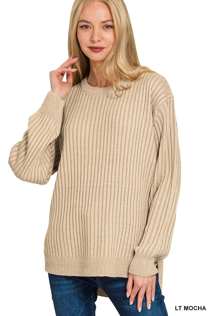 Zenana Curved Hem Two-Tone Ribbed Sweater LT MOCHA