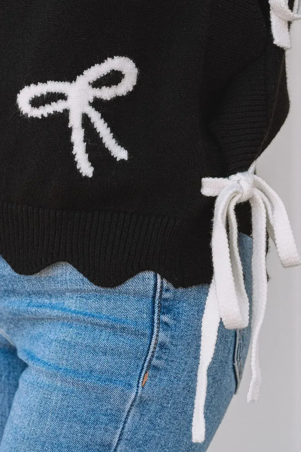 Bow Side Ties Scalloped Hem Cap Sleeve Sweater - DAVERRI FASHIONS