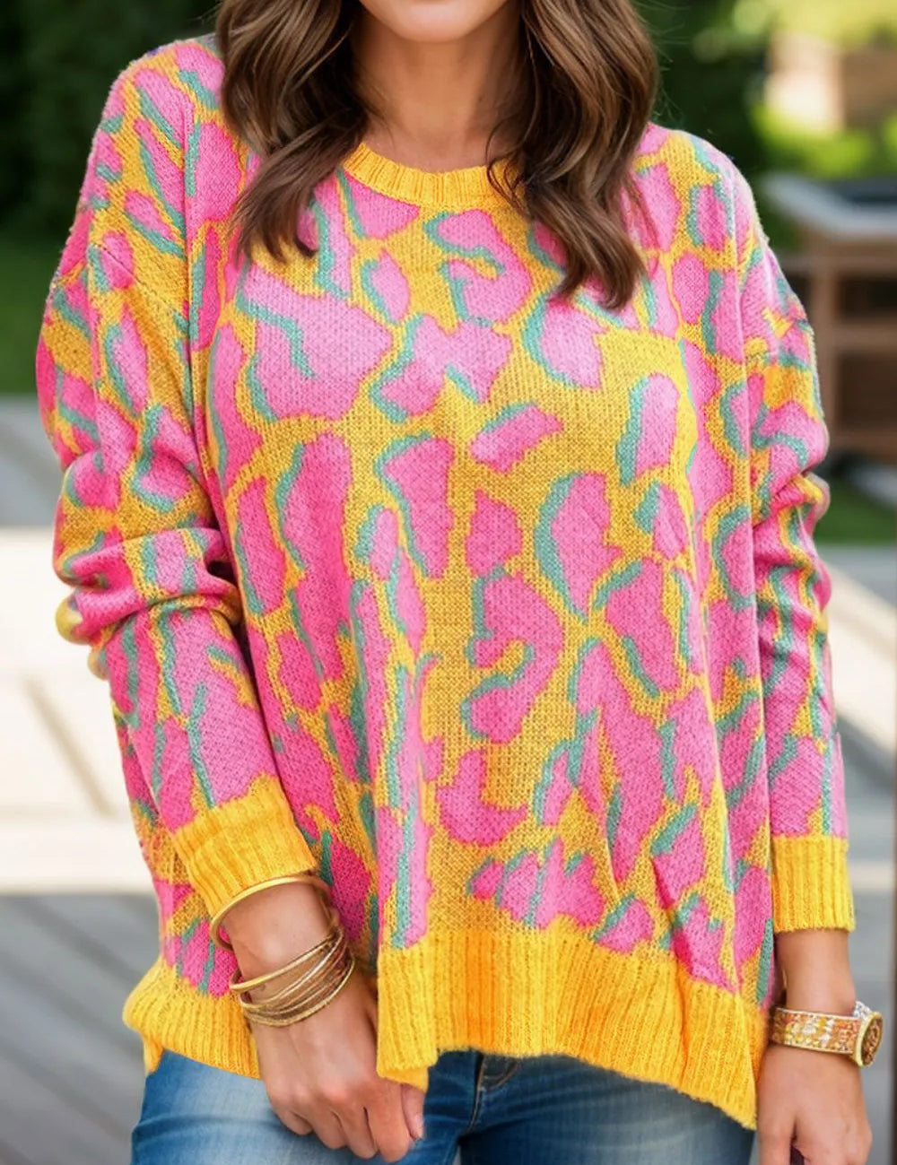 Fuchsia Pink Contrast Round Neck Long Sleeve Sweater | Sweaters Daverri Fashions