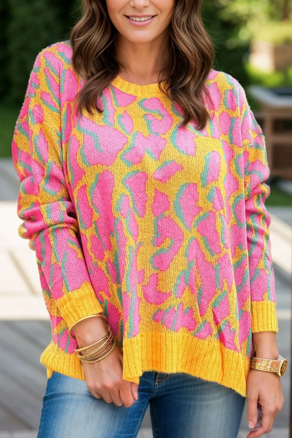 Fuchsia Pink Contrast Round Neck Long Sleeve Sweater | Sweaters Daverri Fashions