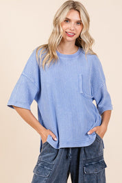 Mineral Wash Waffle Knit Short Sleeve Top French Blue