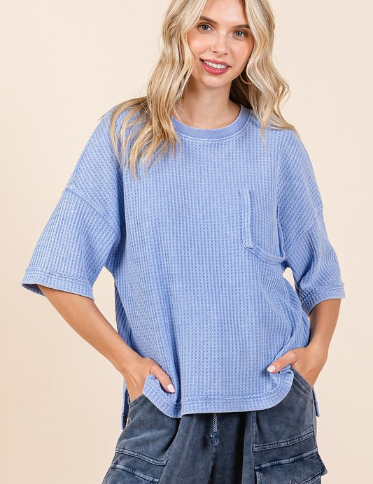 Mineral Wash Waffle Knit Short Sleeve Top French Blue