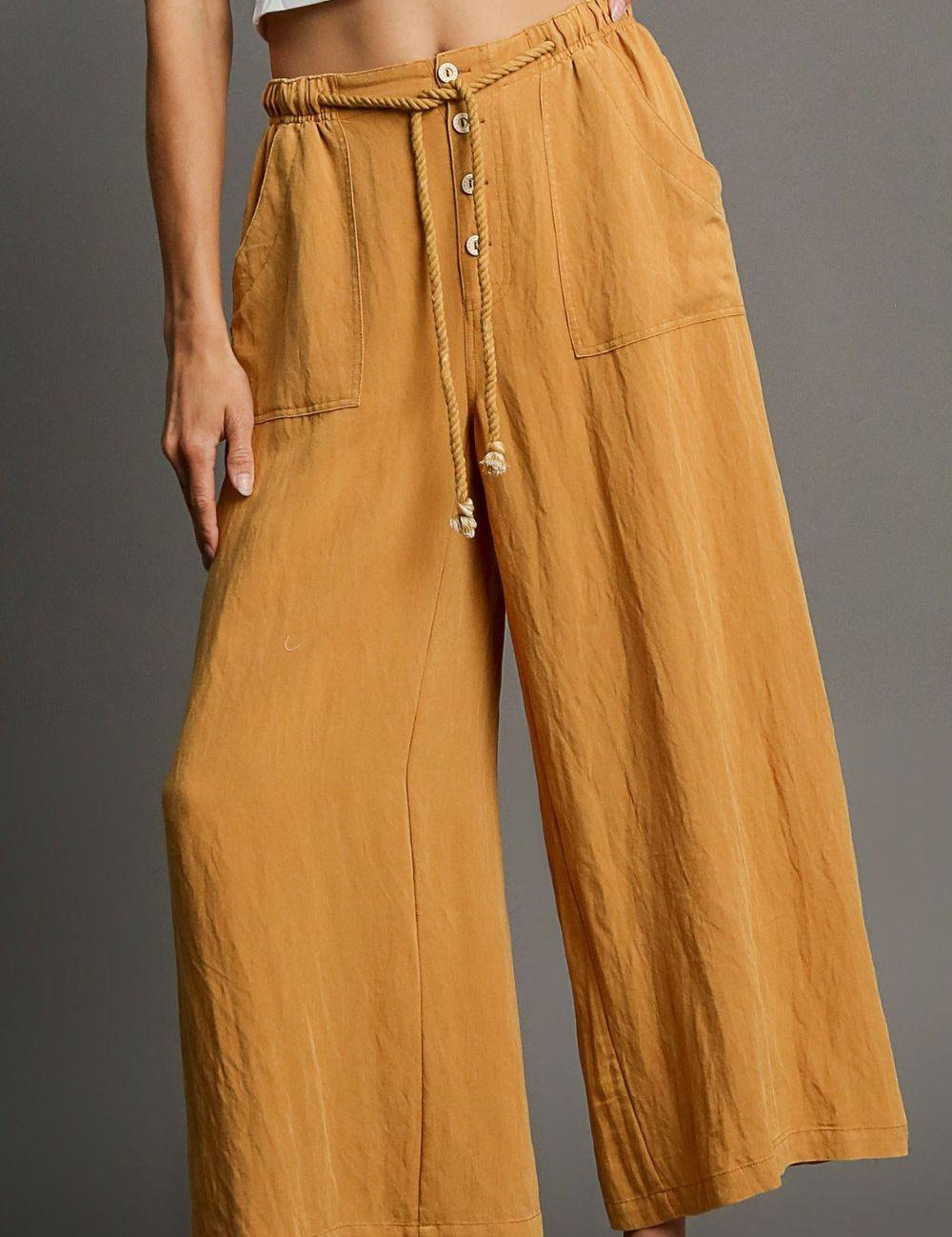 Mustard 1XL Umgee Full Size Rope Drawstring Wide Leg Pants Plus Size | Pants Daverri Fashions