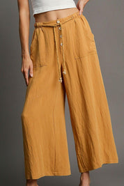 Mustard 1XL Umgee Full Size Rope Drawstring Wide Leg Pants Plus Size | Pants Daverri Fashions