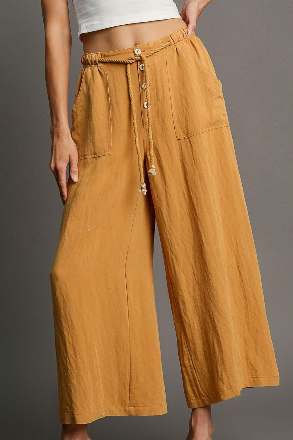 Umgee Full Size Rope Drawstring Wide Leg Pants Plus Size Mustard 1XL Pants