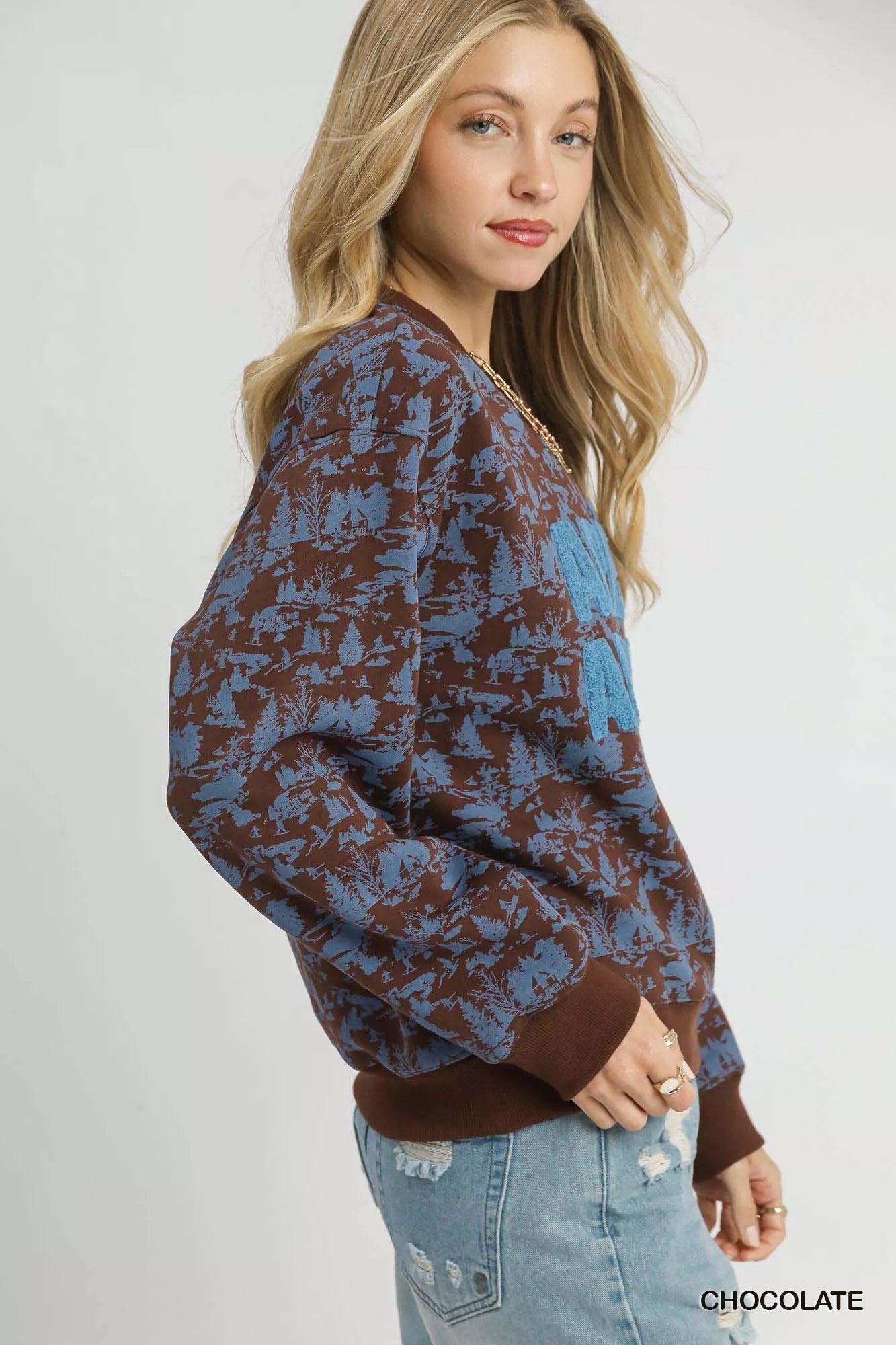 Umgee Scenic Print Cropped Sweatshirt Chocolate | Sweatshirts Daverri Fashions