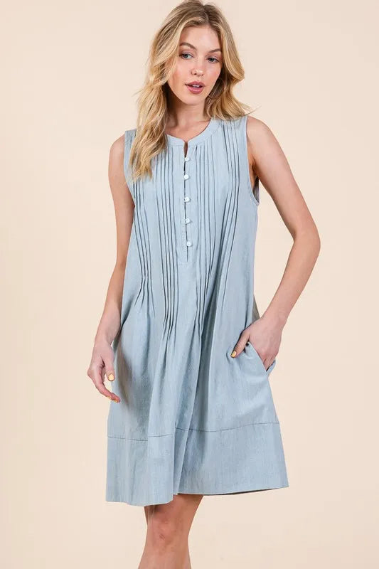 Lime N Chili sleeveless light blue pleated midi dress with pintuck details