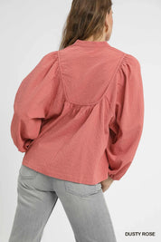 Umgee Textured Notched Blouse with Balloon Sleeves | Blouses Daverri Fashions