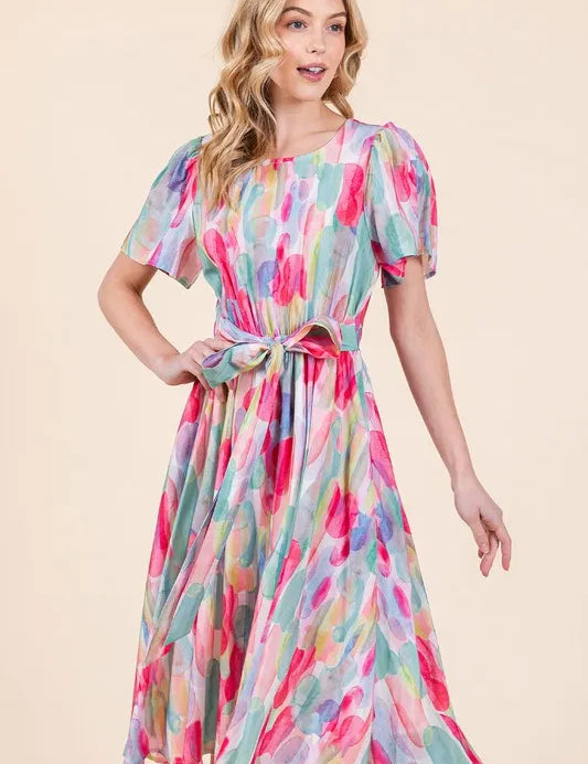 Lime 'N' Chili Watercolor Print Tie Front Midi Dress | Daverri Fashions