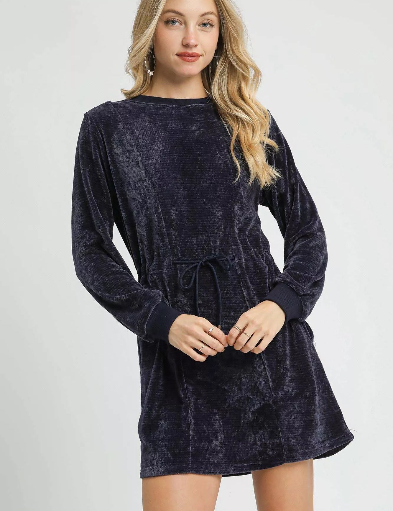 MIDNIGHT Umgee Velour Drawstring Mini Dress with Long Sleeves | Mini Dresses Daverri Fashions