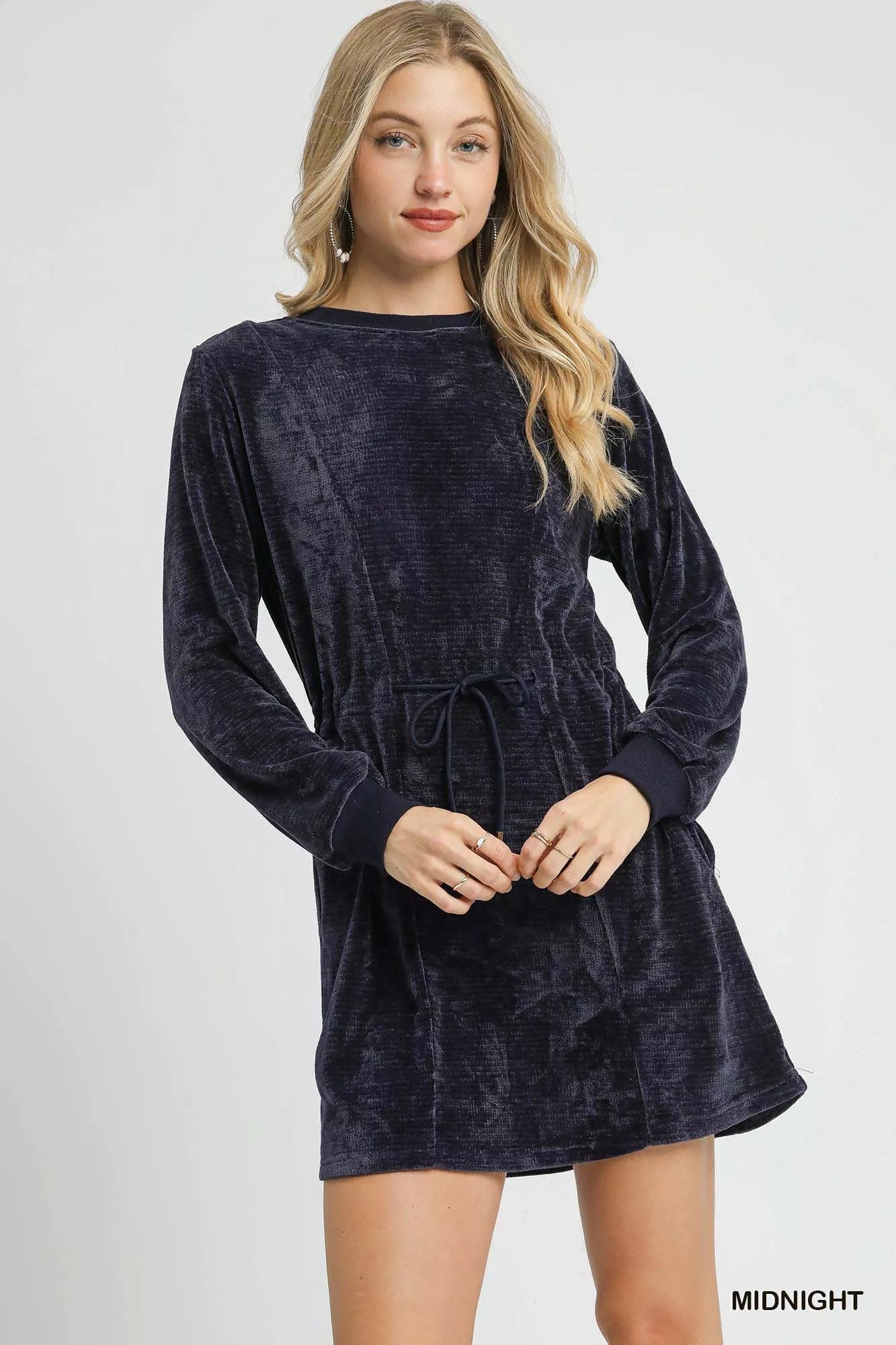 MIDNIGHT Umgee Velour Drawstring Mini Dress with Long Sleeves | Mini Dresses Daverri Fashions