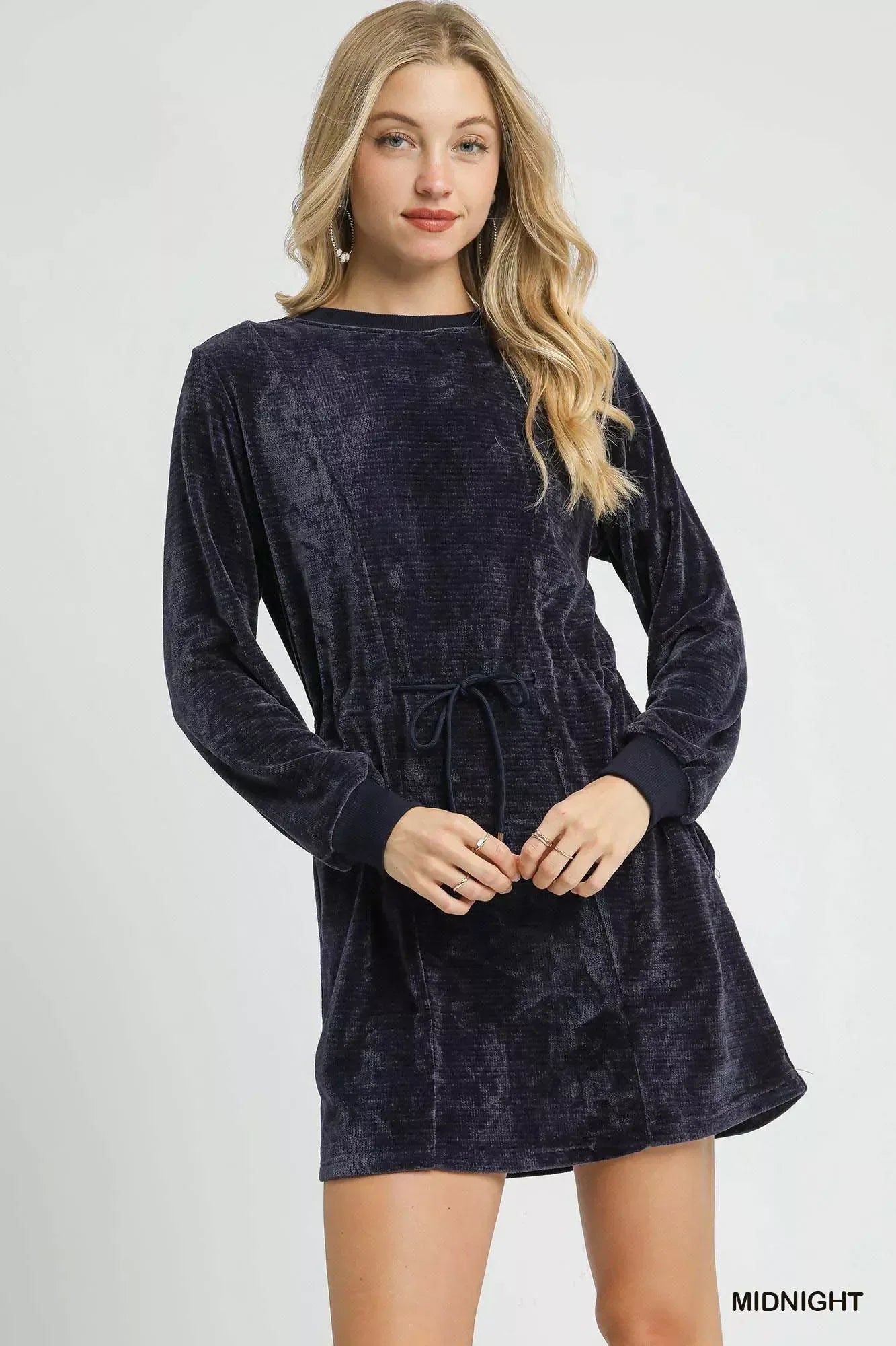 Umgee Velour Drawstring Mini Dress with Long Sleeves - DAVERRI FASHIONS