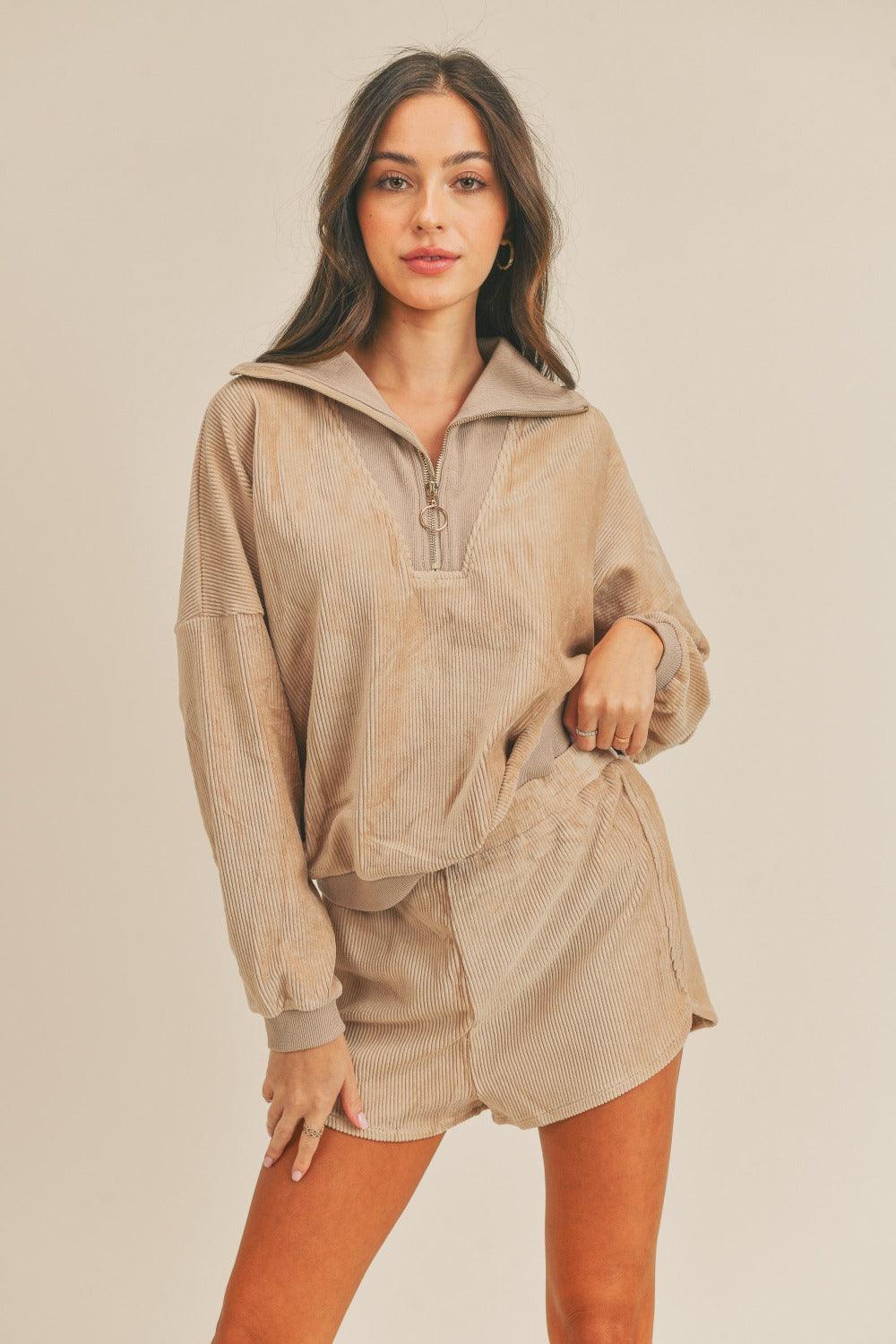 MABLE Corduroy Half Zip Top and Shorts Set | Outfit Sets Daverri Fashions